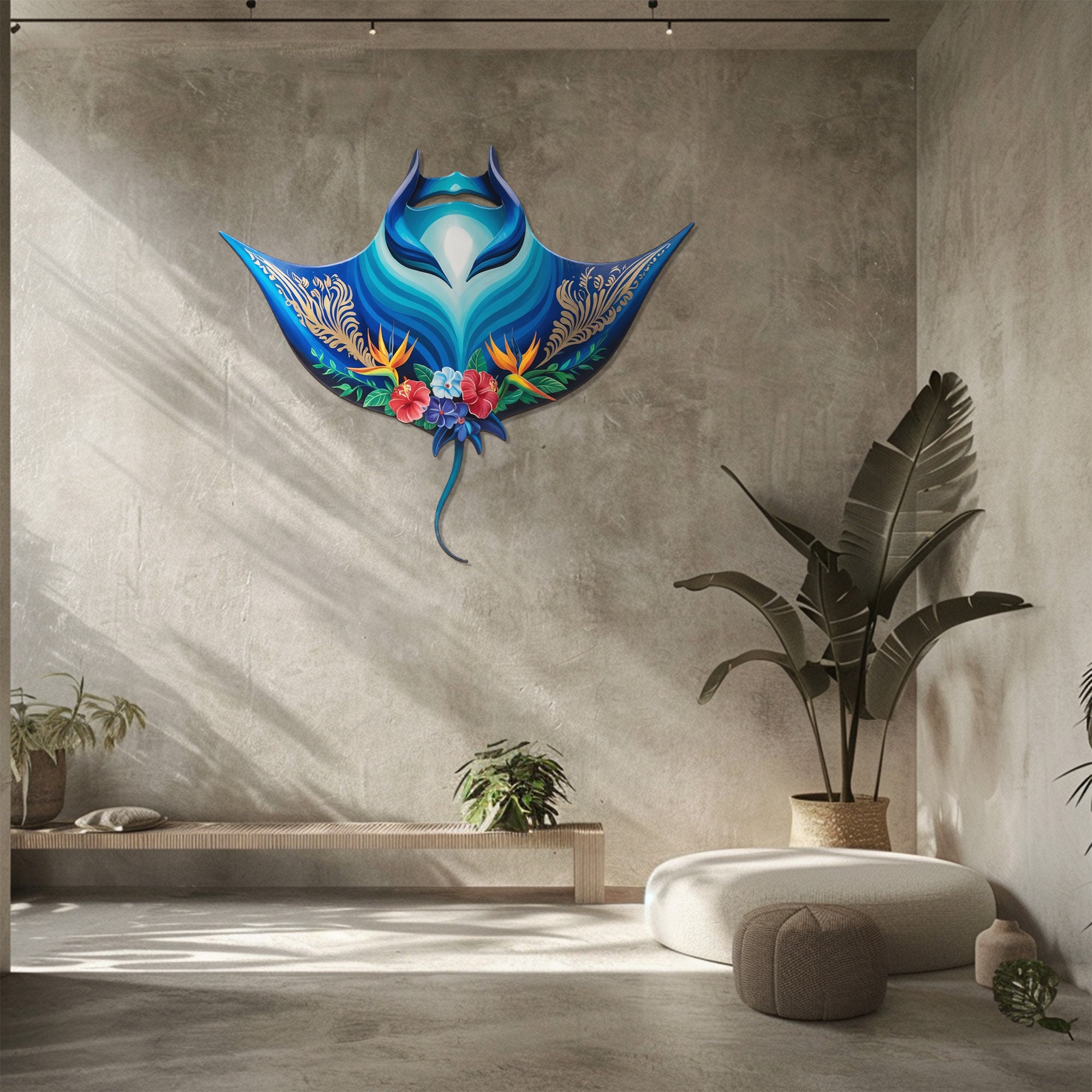 Tropical Blue Stingray – Vibrant Ocean Floral Style Metal Wall Art Decor for Home &amp; Outdoor