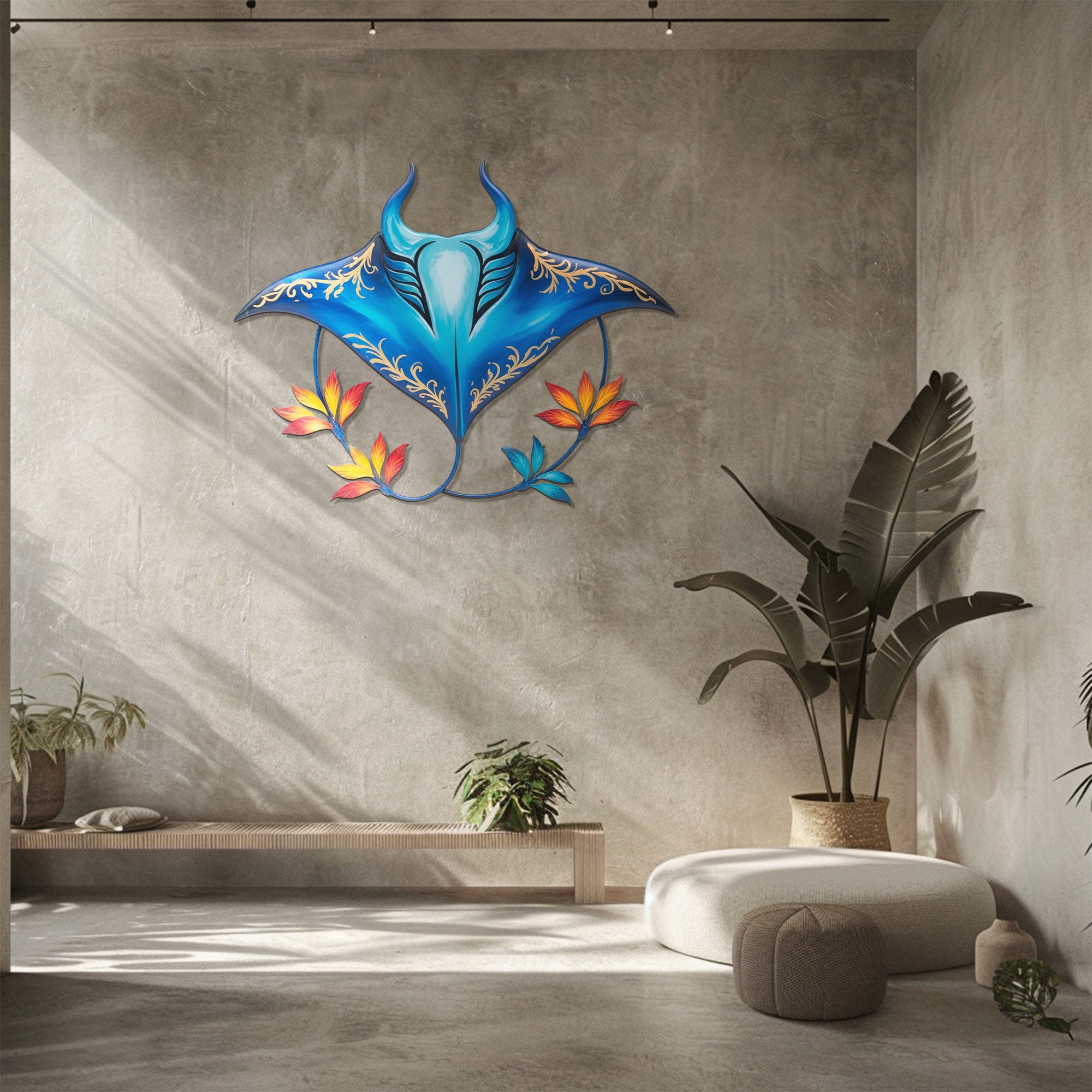 Blue Golden Stingray – Elegant Tropical Floral Style Metal Wall Art Decor for Home &amp; Outdoor