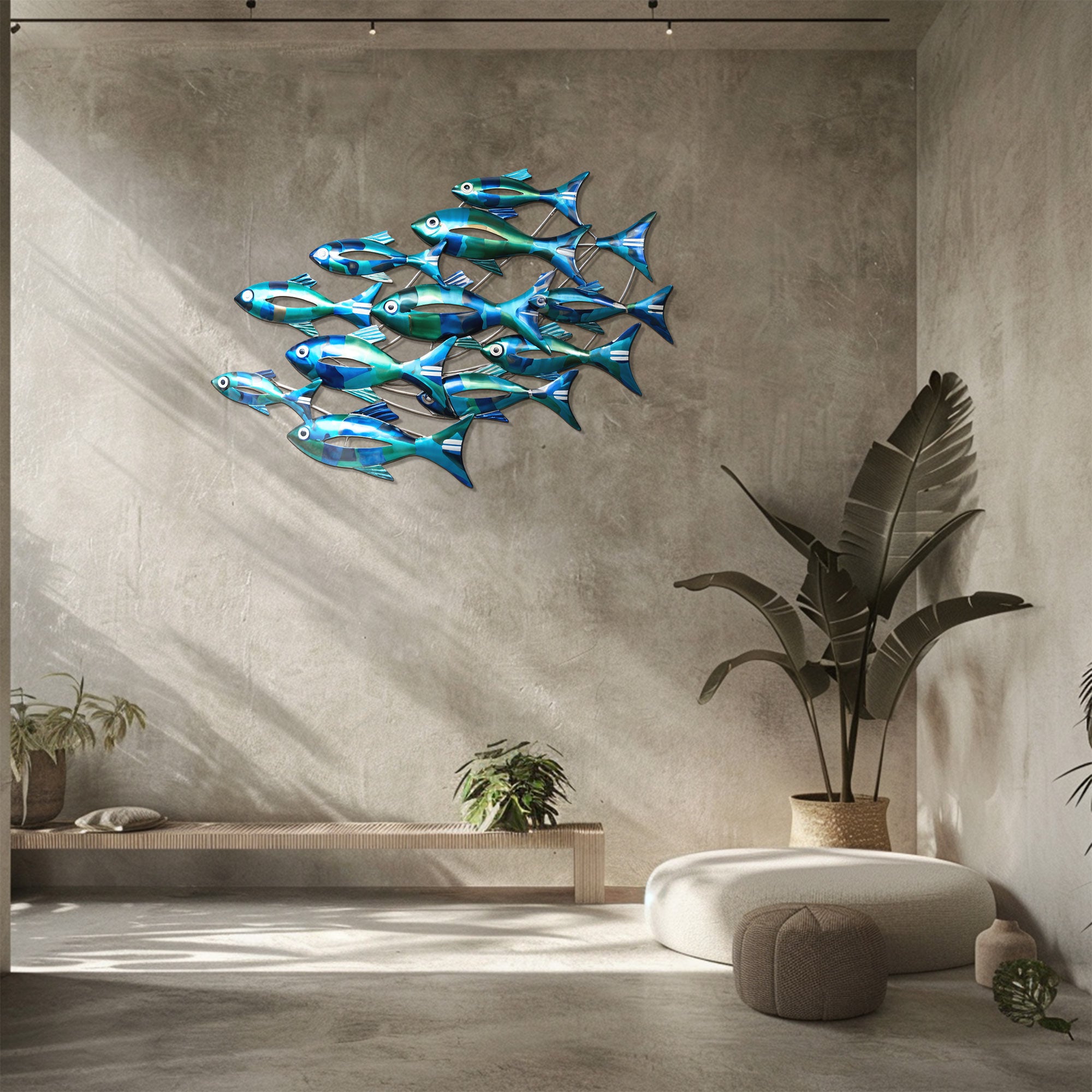 School of Blue Fish – Vibrant Ocean Metallic Style Metal Wall Art Decor for Home &amp; Outdoor