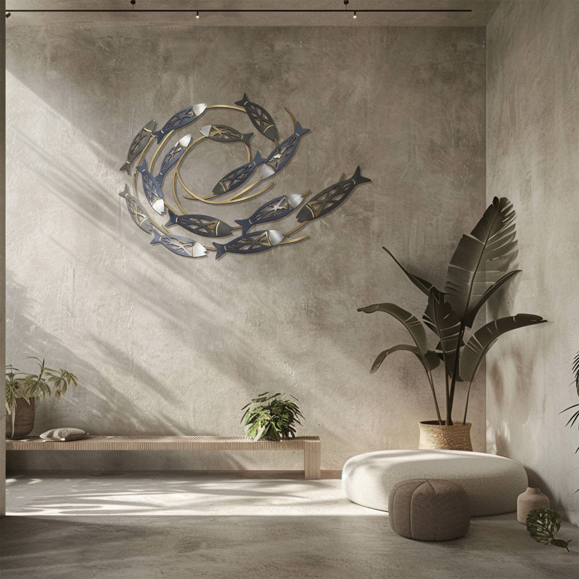 Swirling School of Fish – Elegant Metallic Ocean Style Metal Wall Art Decor for Home &amp; Outdoor
