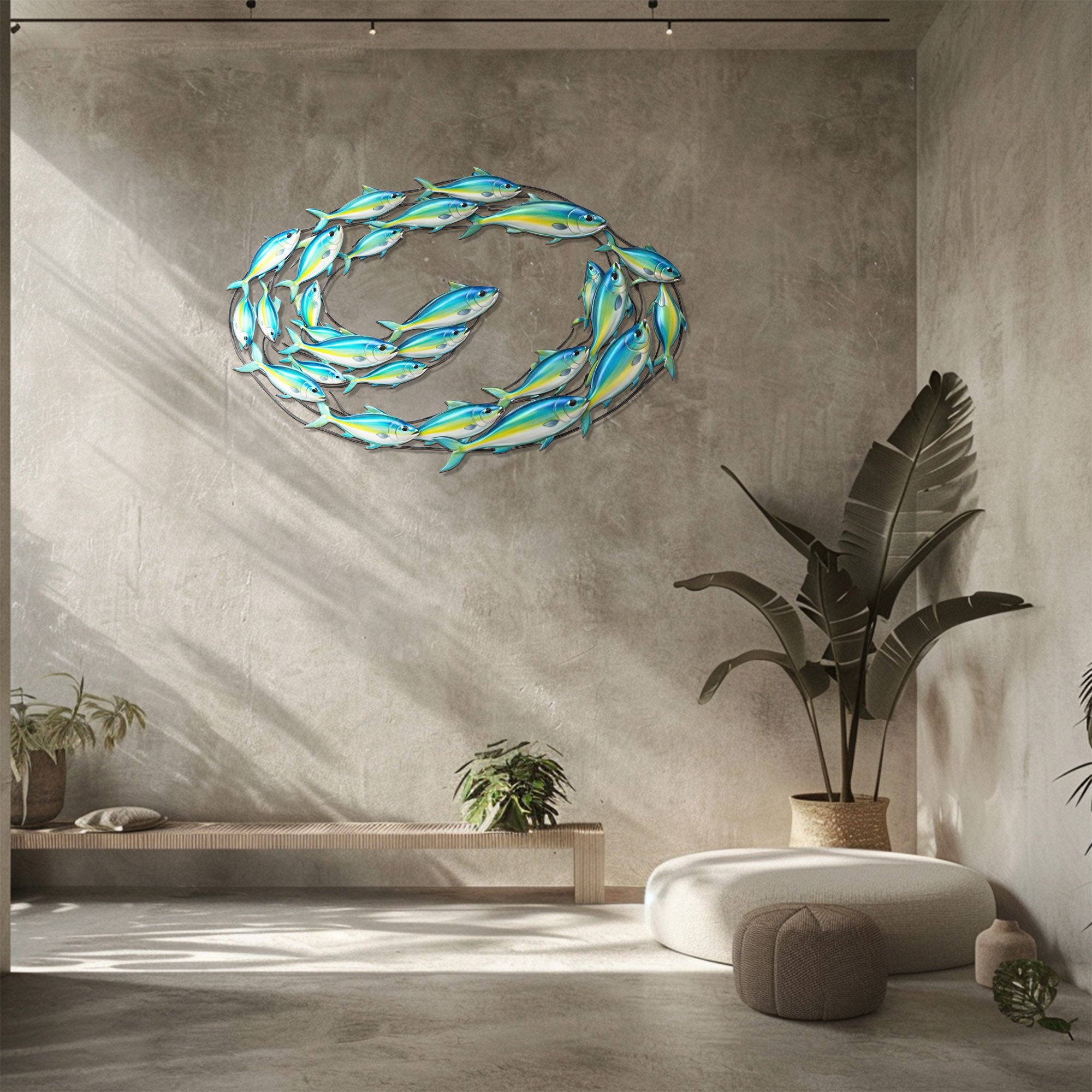 Swirling School of Fish – Vibrant Blue Yellow Ocean Style Metal Wall Art Decor for Home &amp; Outdoor