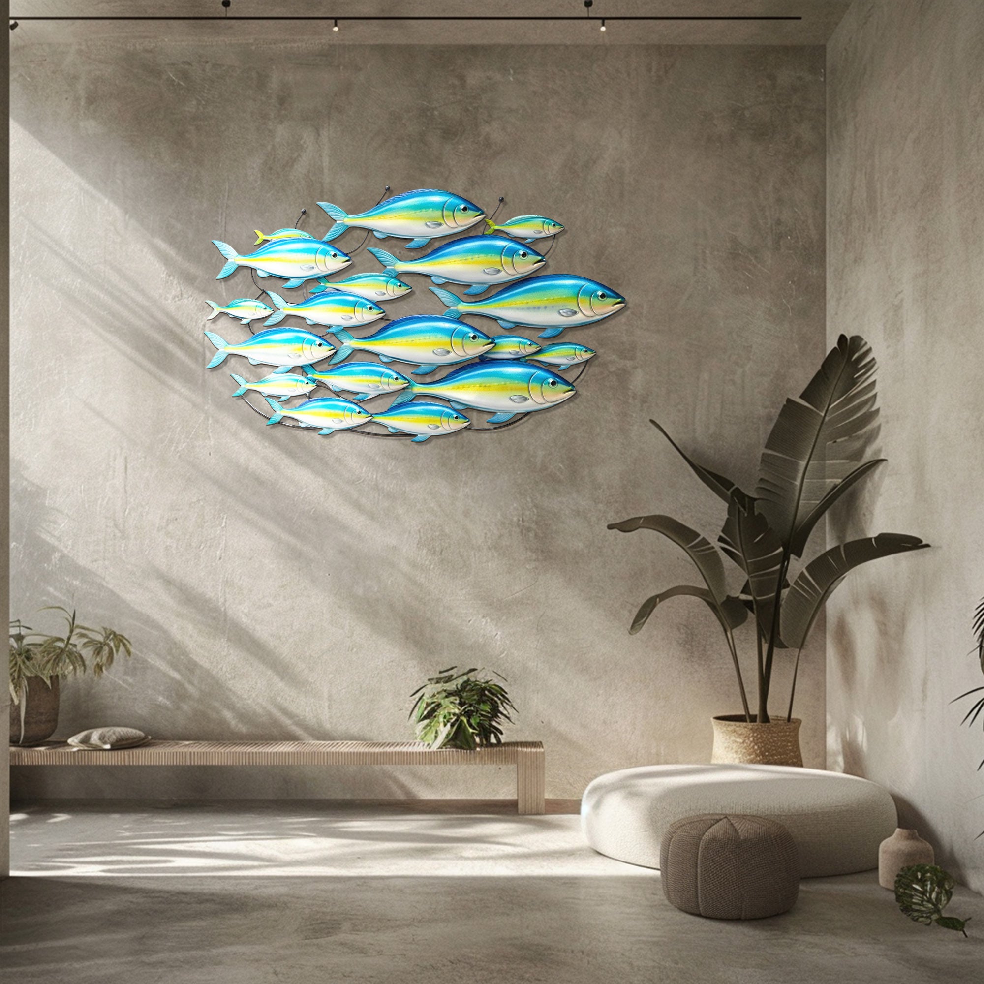 School of Blue Yellow Fish – Vibrant Tropical Ocean Style Metal Wall Art Decor for Home &amp; Outdoor
