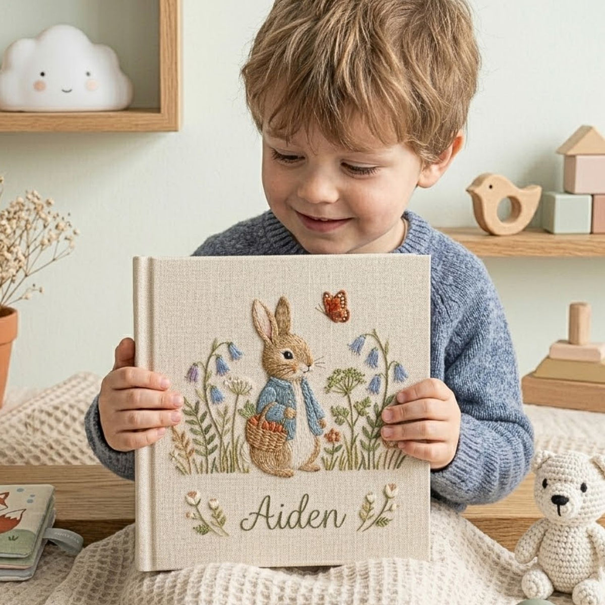 Personalized Baby Photo Album, Hand Embroidered Dinosaur Memory Book, Custom Name Keepsake, Woodland Nursery Gift, Newborn, Baby Shower Gift