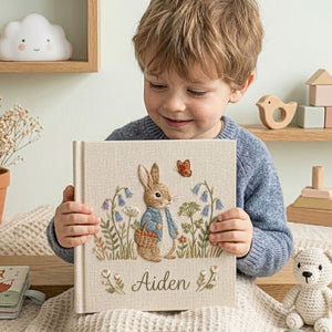 Personalized Baby Photo Album, Hand Embroidered Dinosaur Memory Book, Custom Name Keepsake, Woodland Nursery Gift, Newborn, Baby Shower Gift