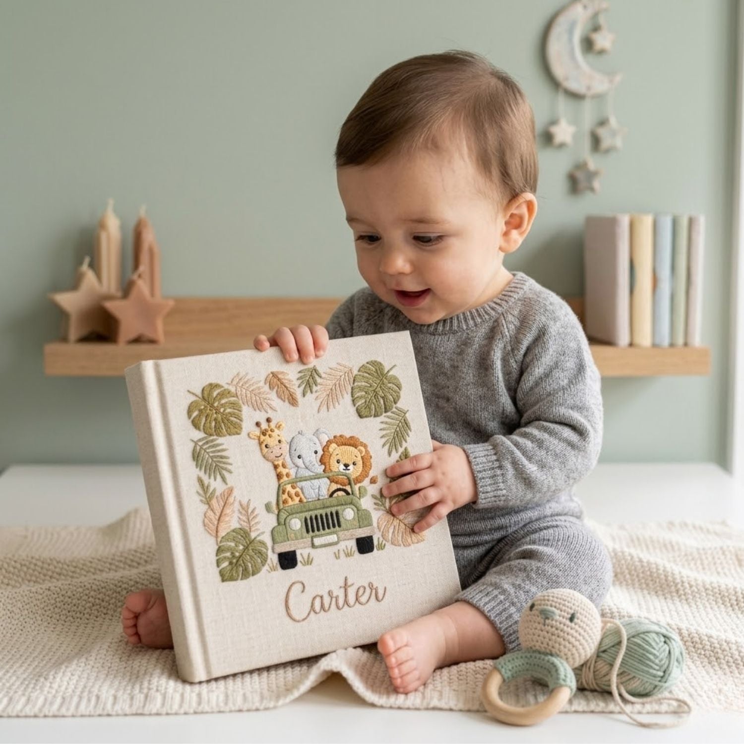 Personalized Baby Photo Album, Hand Embroidered Dinosaur Memory Book, Custom Name Keepsake, Woodland Nursery Gift, Newborn, Baby Shower Gift