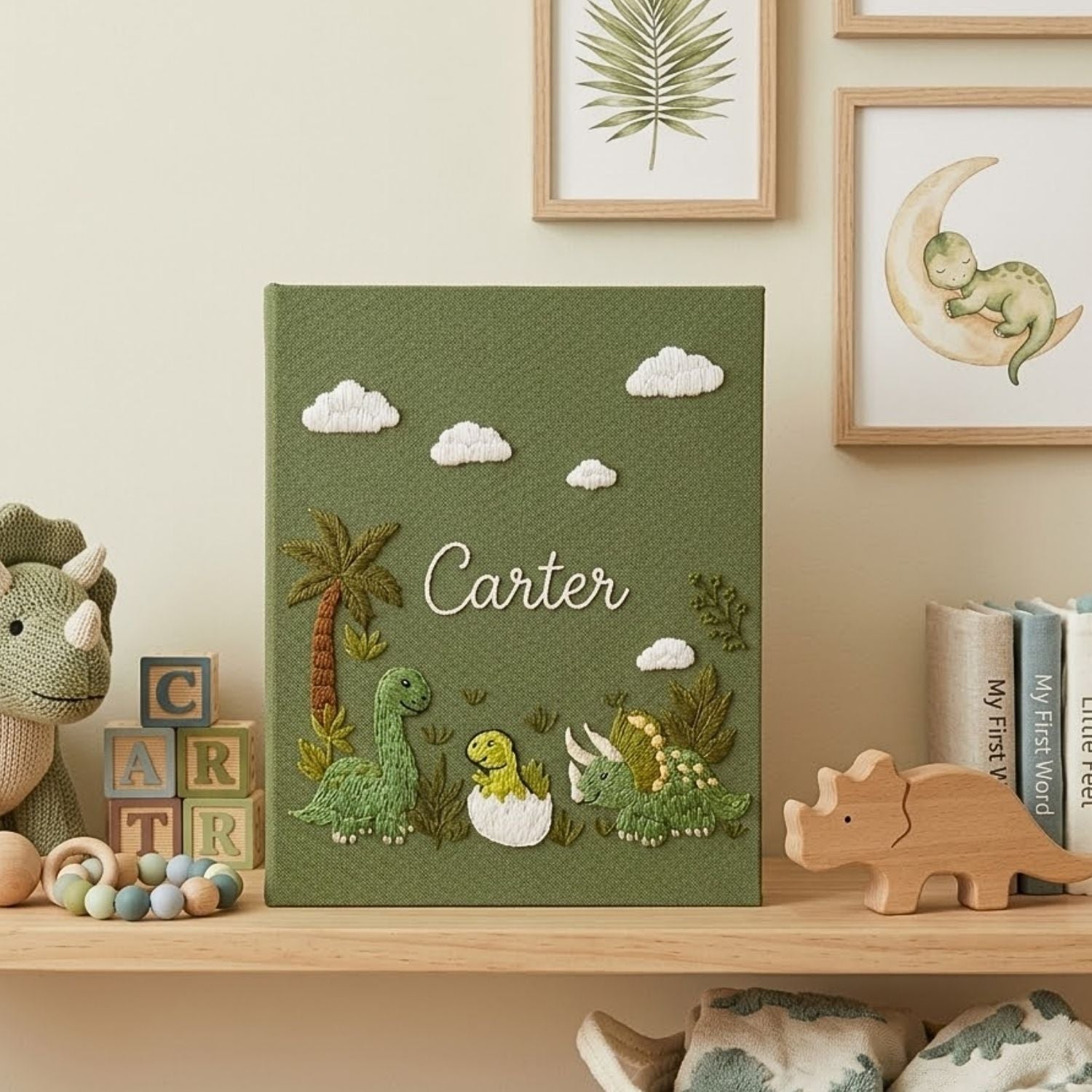 Personalized Baby Photo Album, Hand Embroidered Dinosaur Memory Book, Custom Name Keepsake, Woodland Nursery Gift, Newborn, Baby Shower Gift