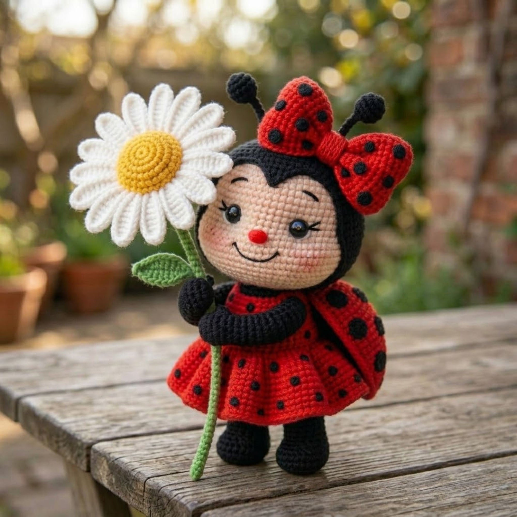Crochet Ladybug Girl Plush, Handmade Amigurumi Ladybug Doll With Daisy Flower, Cute Spring Nursery Toy, Kawaii 4-12 Inch Gift Decor Toy Sets