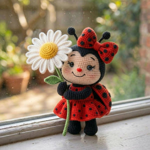 Crochet Ladybug Girl Plush, Handmade Amigurumi Ladybug Doll With Daisy Flower, Cute Spring Nursery Toy, Kawaii 4-12 Inch Gift Decor Toy Sets