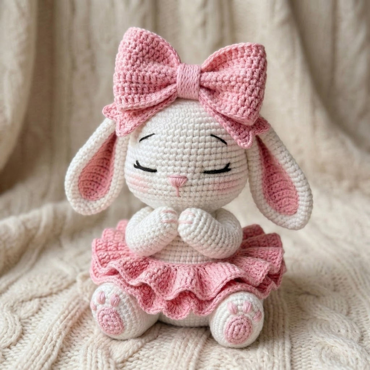 Crochet Bunny Doll with Pink Bows Handmade Amigurumi Rabbit Plush, Cute Nursery Baby Shower Gift, Sizes 4-12 Inches Soft Toy Decor for Girls