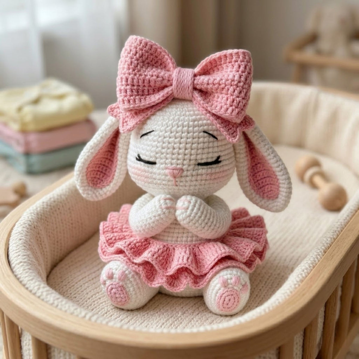 Crochet Bunny Doll with Pink Bows Handmade Amigurumi Rabbit Plush, Cute Nursery Baby Shower Gift, Sizes 4-12 Inches Soft Toy Decor for Girls