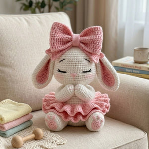 Crochet Bunny Doll with Pink Bows Handmade Amigurumi Rabbit Plush, Cute Nursery Baby Shower Gift, Sizes 4-12 Inches Soft Toy Decor for Girls