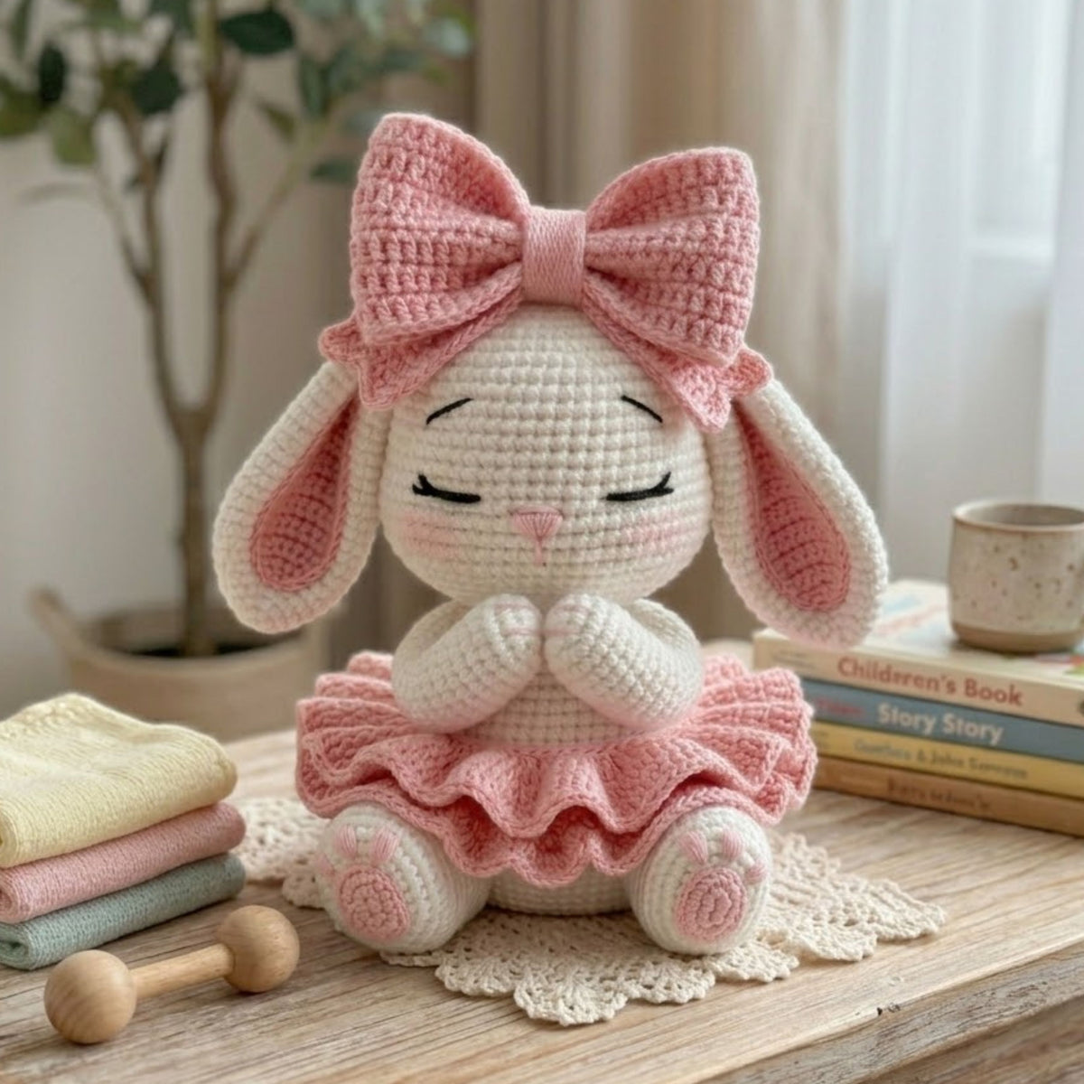 Crochet Bunny Doll with Pink Bows Handmade Amigurumi Rabbit Plush, Cute Nursery Baby Shower Gift, Sizes 4-12 Inches Soft Toy Decor for Girls