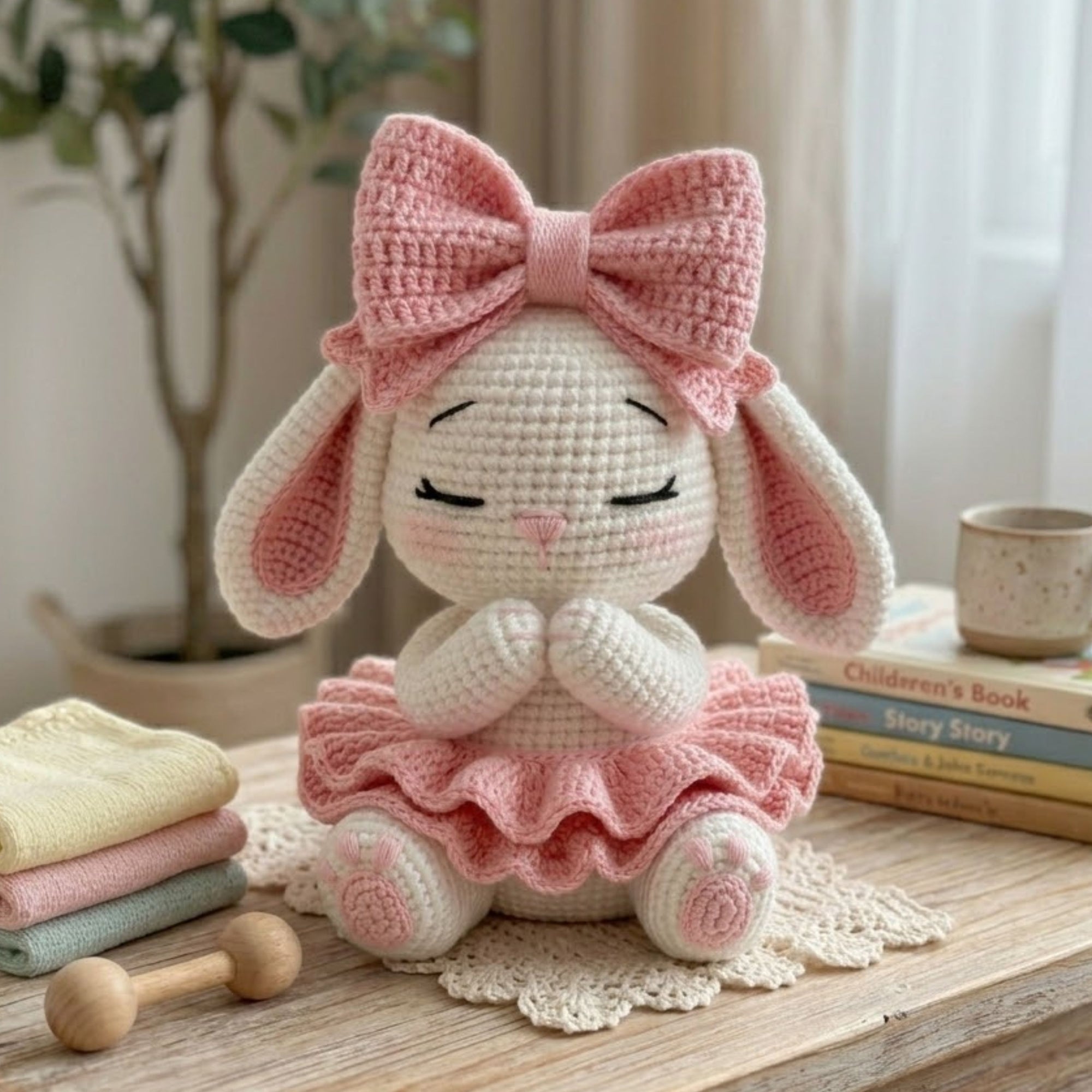 Crochet Bunny Doll with Pink Bows Handmade Amigurumi Rabbit Plush, Cute Nursery Baby Shower Gift, Sizes 4-12 Inches Soft Toy Decor for Girls