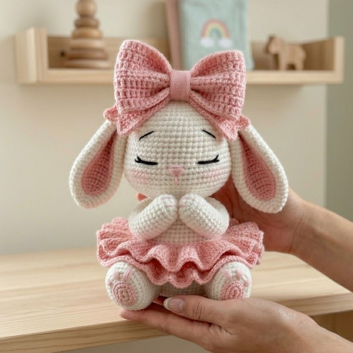 Crochet Bunny Doll with Pink Bows Handmade Amigurumi Rabbit Plush, Cute Nursery Baby Shower Gift, Sizes 4-12 Inches Soft Toy Decor for Girls