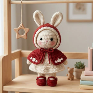 Crochet Red Riding Hood Bunny Doll Handmade Amigurumi Rabbit Plush, Cute Nursery Baby Shower Gift, Sizes 4-12 Inches Soft Toy for Baby Girls