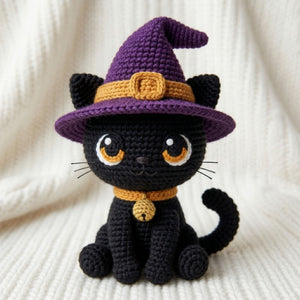 Crochet Black Cat Witch Plush Handmade Amigurumi Halloween Doll, Cute Spooky Nursery Decor Gift, Sizes 4-12 Inches for Kids Room Shelf Decor