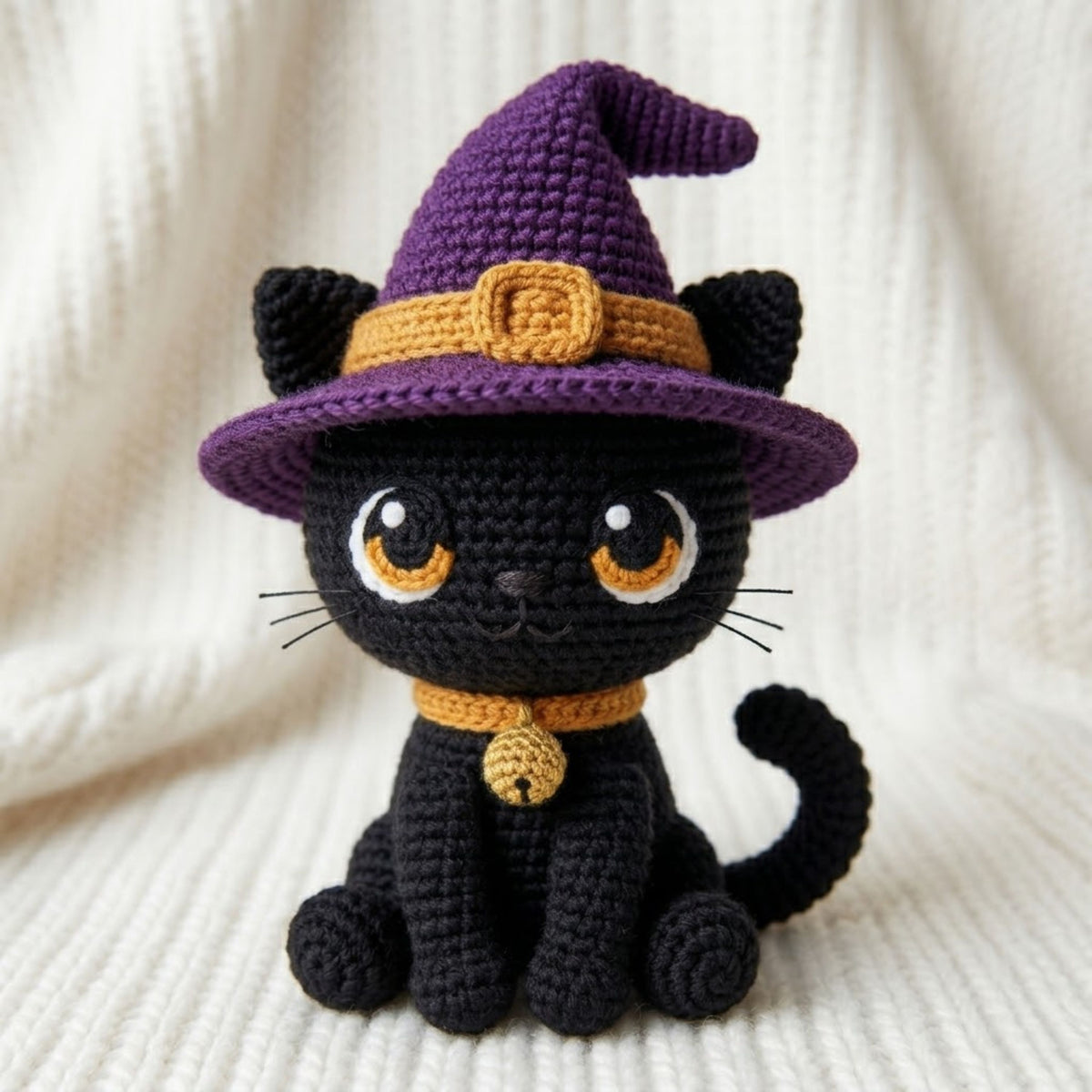 Crochet Black Cat Witch Plush Handmade Amigurumi Halloween Doll, Cute Spooky Nursery Decor Gift, Sizes 4-12 Inches for Kids Room Shelf Decor