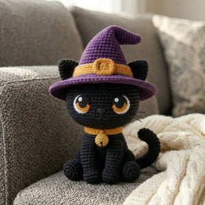 Crochet Black Cat Witch Plush Handmade Amigurumi Halloween Doll, Cute Spooky Nursery Decor Gift, Sizes 4-12 Inches for Kids Room Shelf Decor