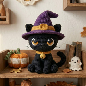 Crochet Black Cat Witch Plush Handmade Amigurumi Halloween Doll, Cute Spooky Nursery Decor Gift, Sizes 4-12 Inches for Kids Room Shelf Decor