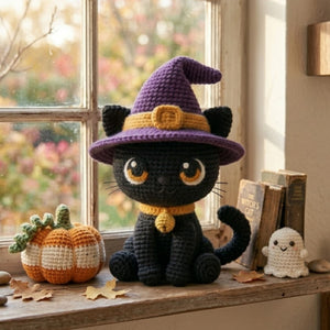 Crochet Black Cat Witch Plush Handmade Amigurumi Halloween Doll, Cute Spooky Nursery Decor Gift, Sizes 4-12 Inches for Kids Room Shelf Decor