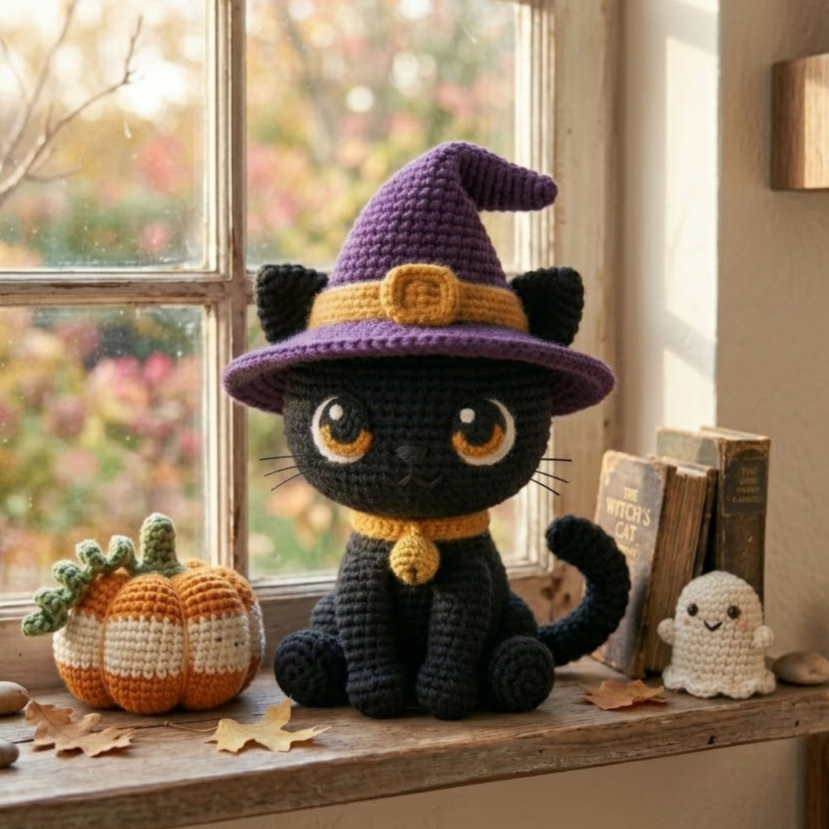 Crochet Black Cat Witch Plush Handmade Amigurumi Halloween Doll, Cute Spooky Nursery Decor Gift, Sizes 4-12 Inches for Kids Room Shelf Decor