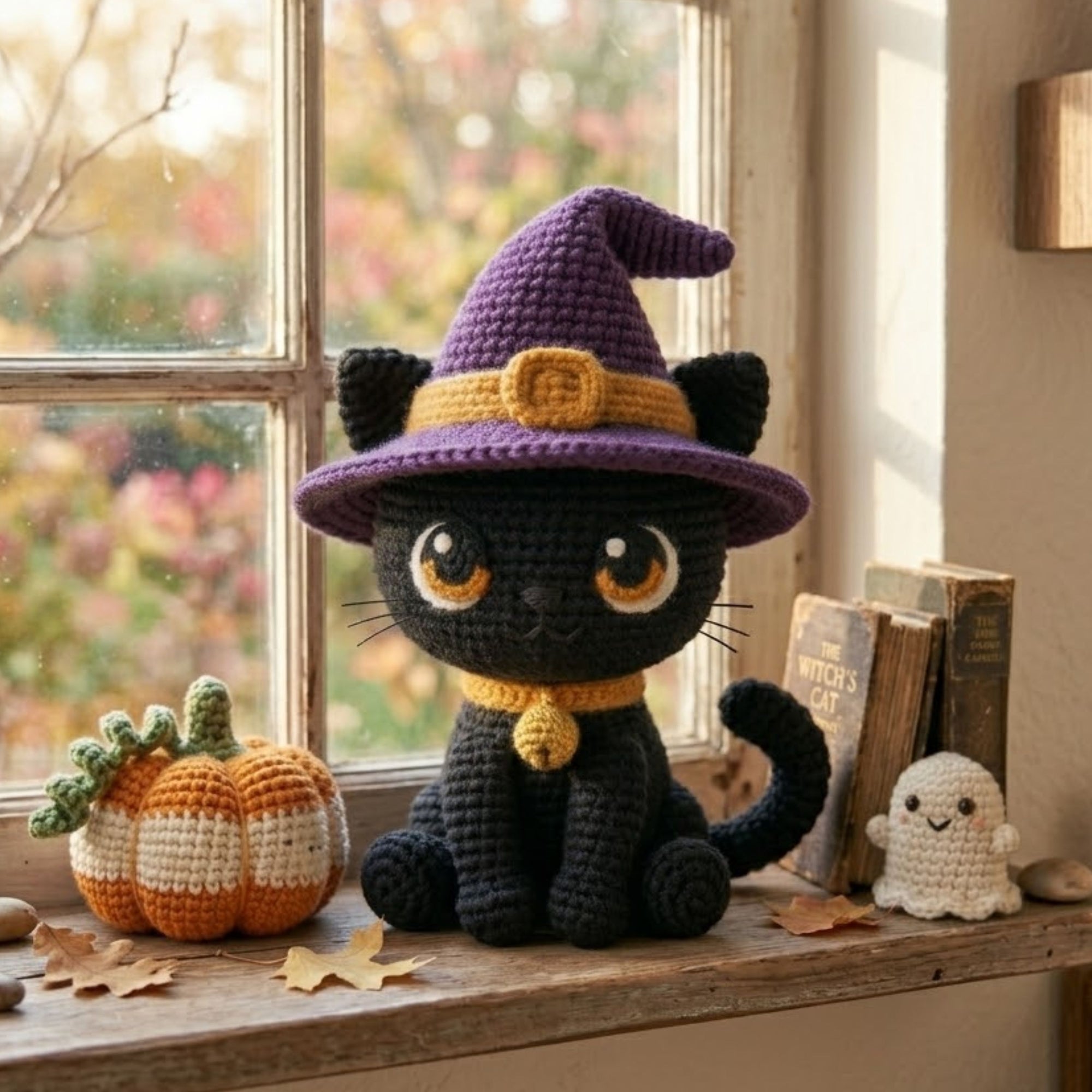 Crochet Black Cat Witch Plush Handmade Amigurumi Halloween Doll, Cute Spooky Nursery Decor Gift, Sizes 4-12 Inches for Kids Room Shelf Decor
