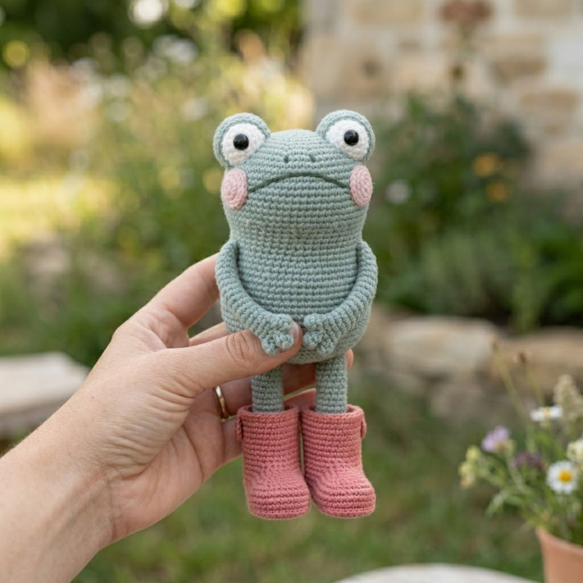 Crochet Frog Doll with Pink Boots Handmade Amigurumi Plush, Cute Nursery Baby Shower Gift, Size 4-12 Inches Soft Toy for Kids Room Decor Toy