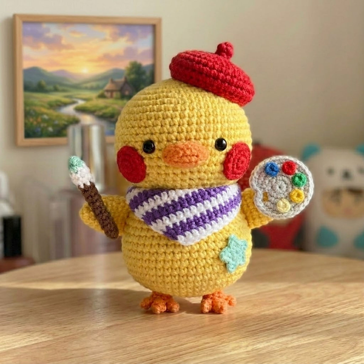 Crochet Artist Chick Doll Handmade Amigurumi Duck Plush with Paint Palette Brush, Cute Nursery Decor Gift, Sizes 4-12 Inches Kids Toy Decor