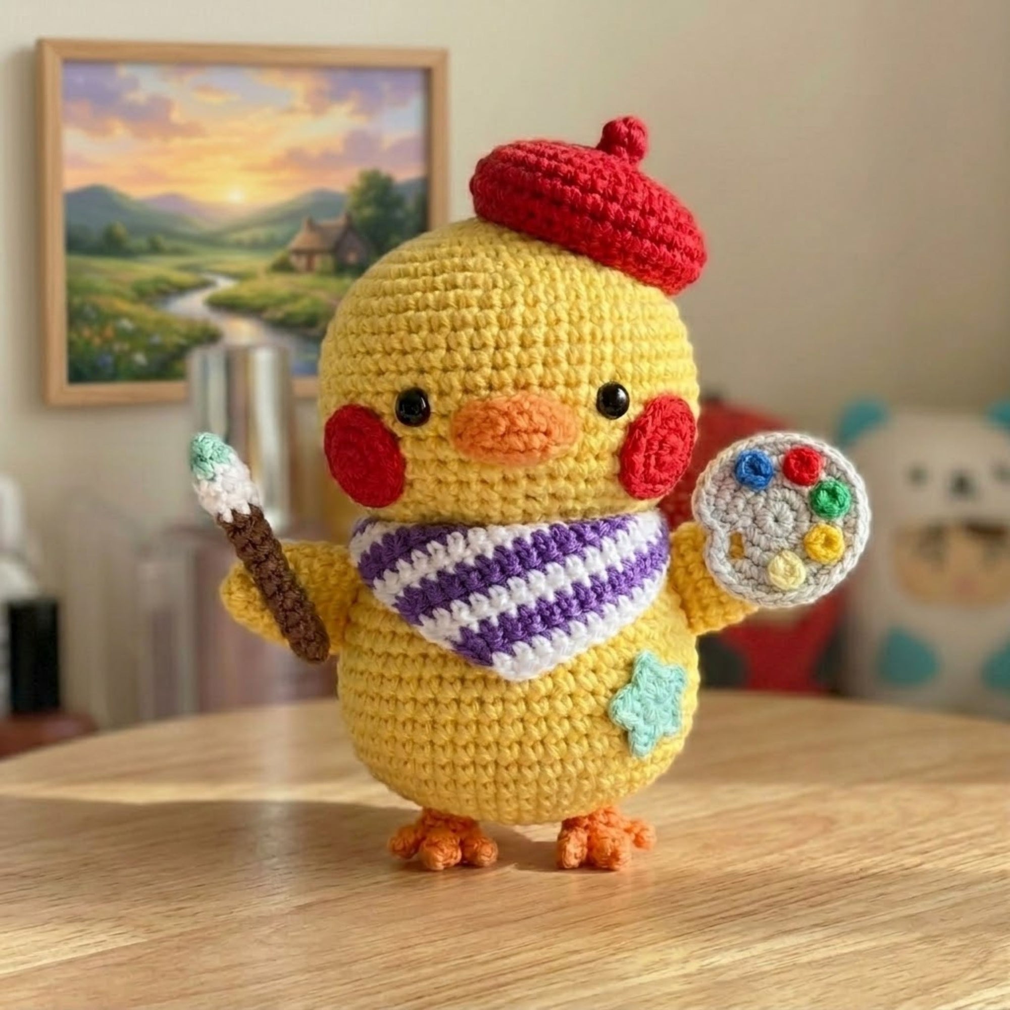 Crochet Artist Chick Doll Handmade Amigurumi Duck Plush with Paint Palette Brush, Cute Nursery Decor Gift, Sizes 4-12 Inches Kids Toy Decor