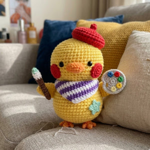 Crochet Artist Chick Doll Handmade Amigurumi Duck Plush with Paint Palette Brush, Cute Nursery Decor Gift, Sizes 4-12 Inches Kids Toy Decor