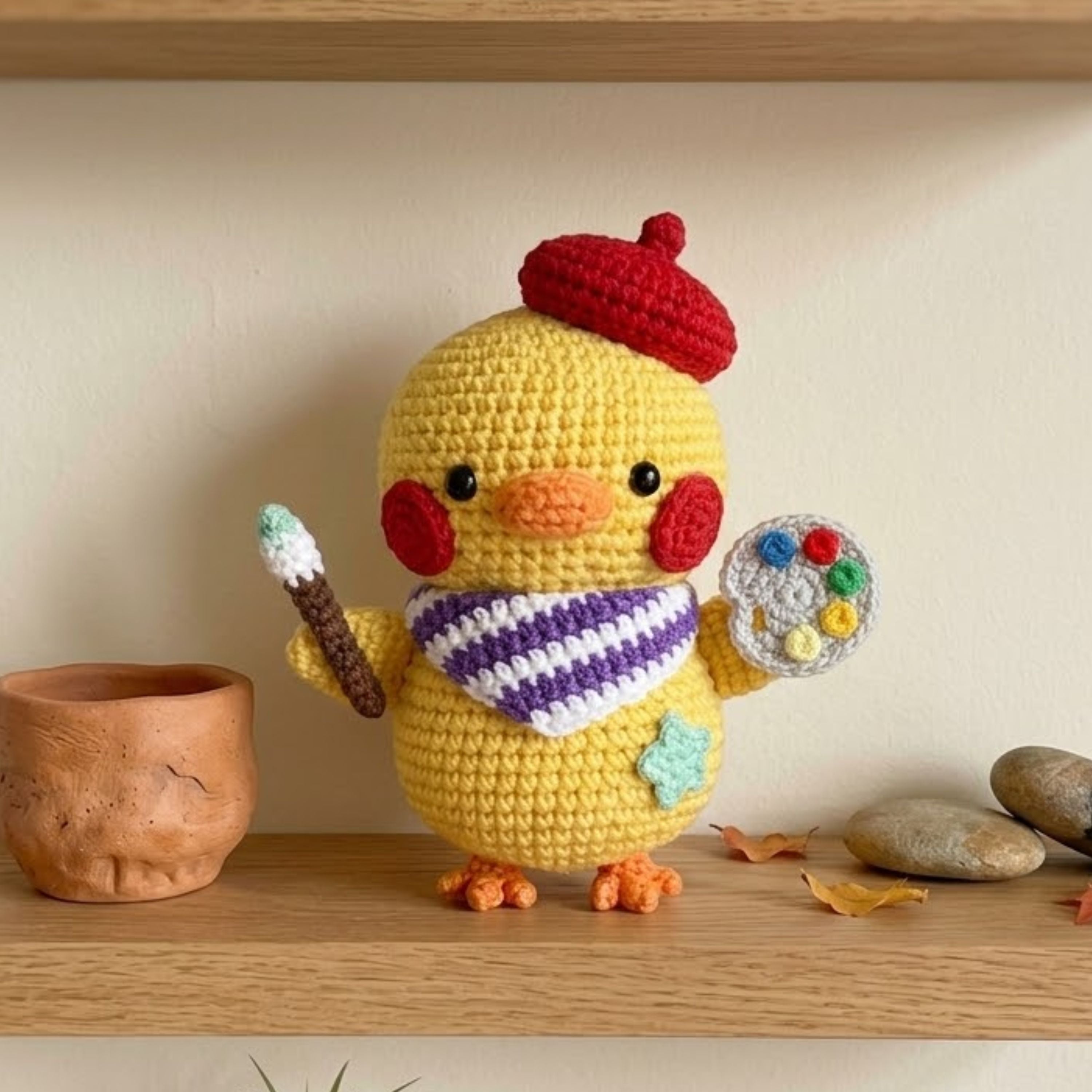 Crochet Artist Chick Doll Handmade Amigurumi Duck Plush with Paint Palette Brush, Cute Nursery Decor Gift, Sizes 4-12 Inches Kids Toy Decor