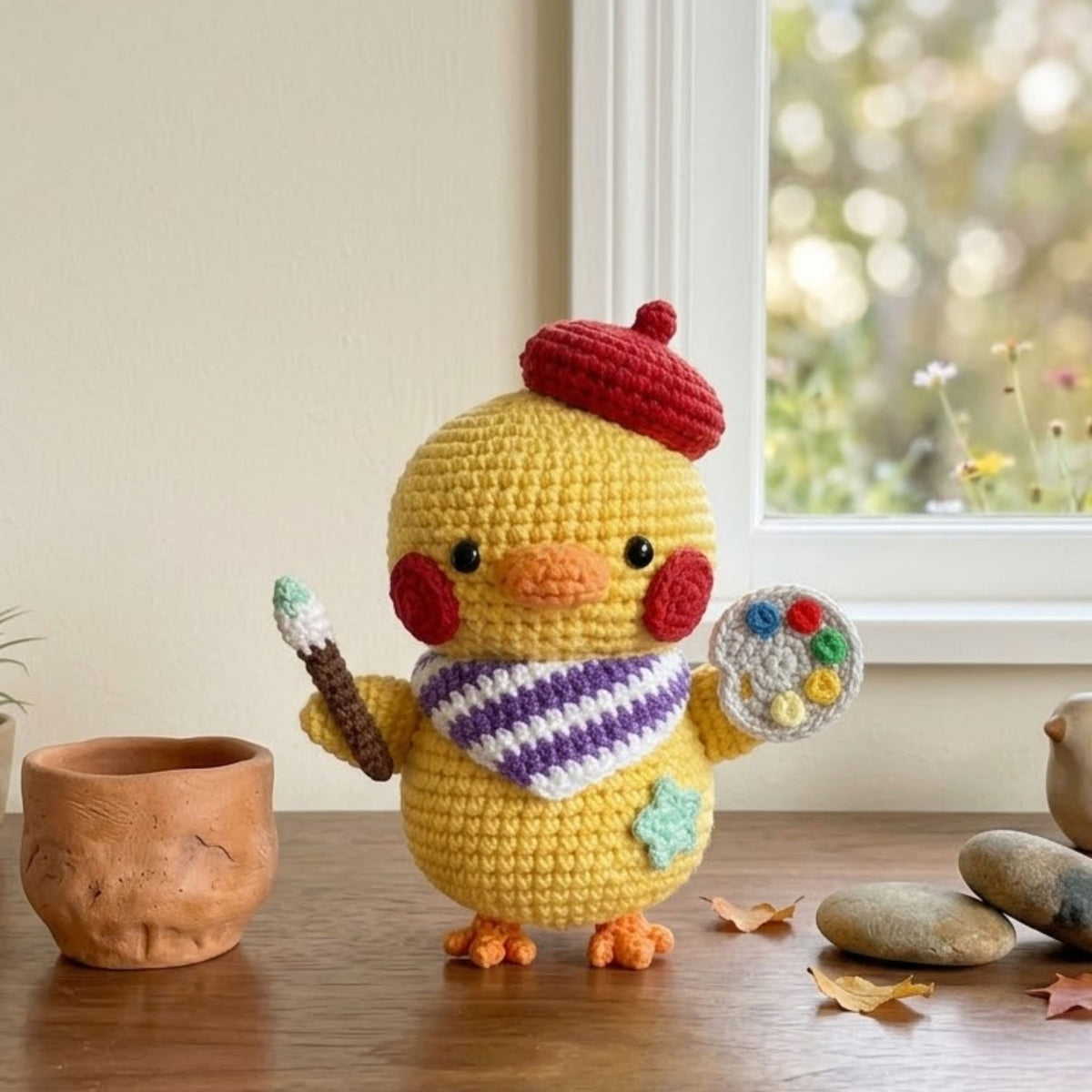 Crochet Artist Chick Doll Handmade Amigurumi Duck Plush with Paint Palette Brush, Cute Nursery Decor Gift, Sizes 4-12 Inches Kids Toy Decor
