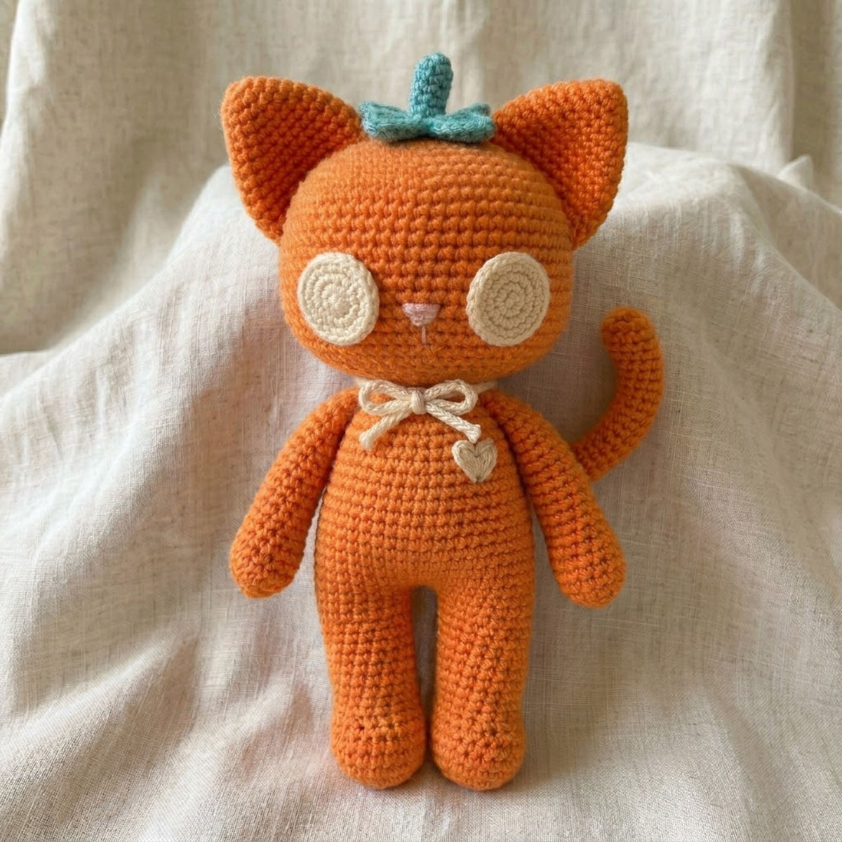 Crochet Orange Cat Doll Handmade Amigurumi Kitty Plush with Pumpkin Stem, Cute Nursery Halloween Fall Decor Gift Sizes 4-12 Inches Soft Toy