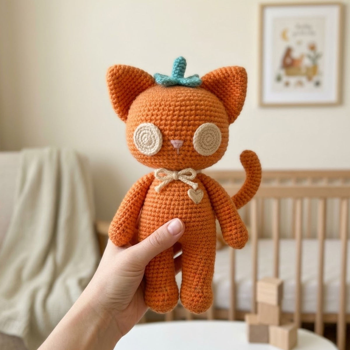 Crochet Orange Cat Doll Handmade Amigurumi Kitty Plush with Pumpkin Stem, Cute Nursery Halloween Fall Decor Gift Sizes 4-12 Inches Soft Toy