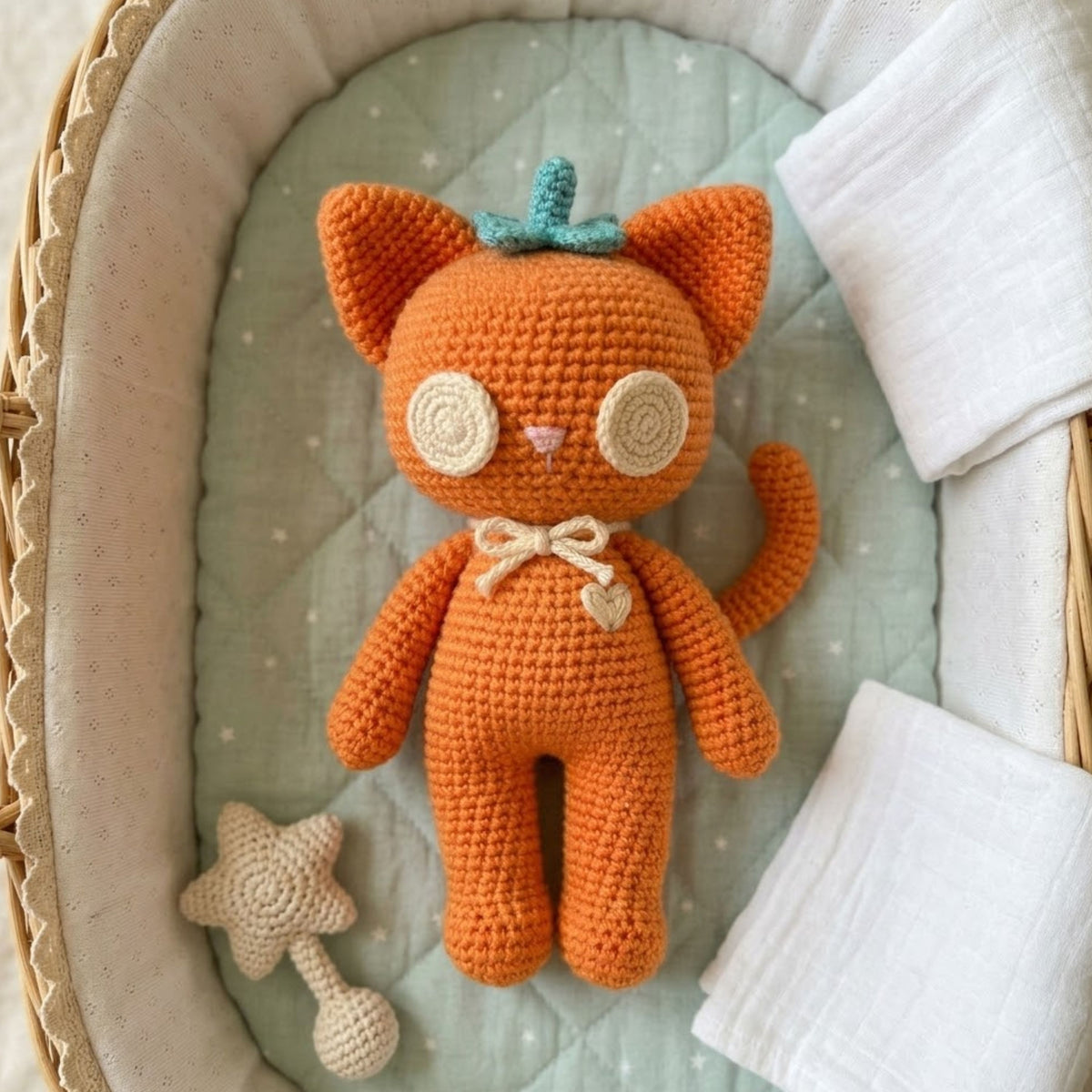 Crochet Orange Cat Doll Handmade Amigurumi Kitty Plush with Pumpkin Stem, Cute Nursery Halloween Fall Decor Gift Sizes 4-12 Inches Soft Toy