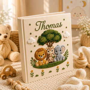 Personalized Safari Embroidered Baby Photo Album, Custom Name Jungle Animal Keepsake Book, Lion Elephant Giraffe Baby Book, Baby Shower Gift