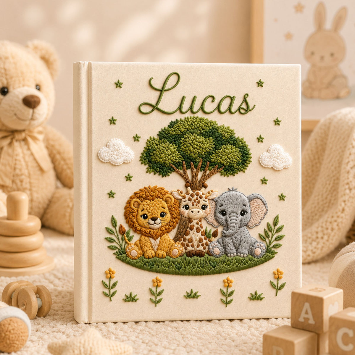 Personalized Safari Embroidered Baby Photo Album, Custom Name Jungle Animal Keepsake Book, Lion Elephant Giraffe Baby Book, Baby Shower Gift