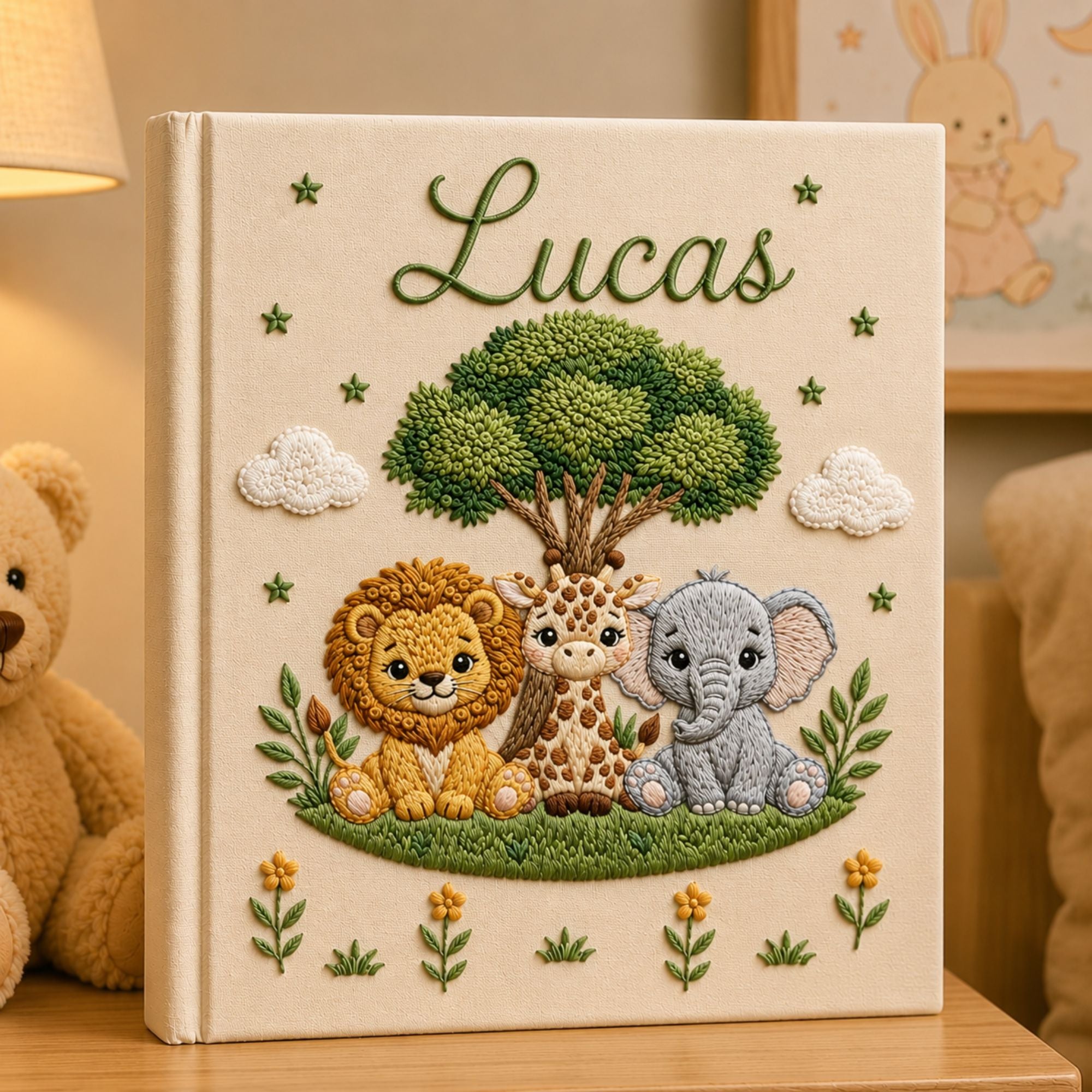 Personalized Safari Embroidered Baby Photo Album, Custom Name Jungle Animal Keepsake Book, Lion Elephant Giraffe Baby Book, Baby Shower Gift