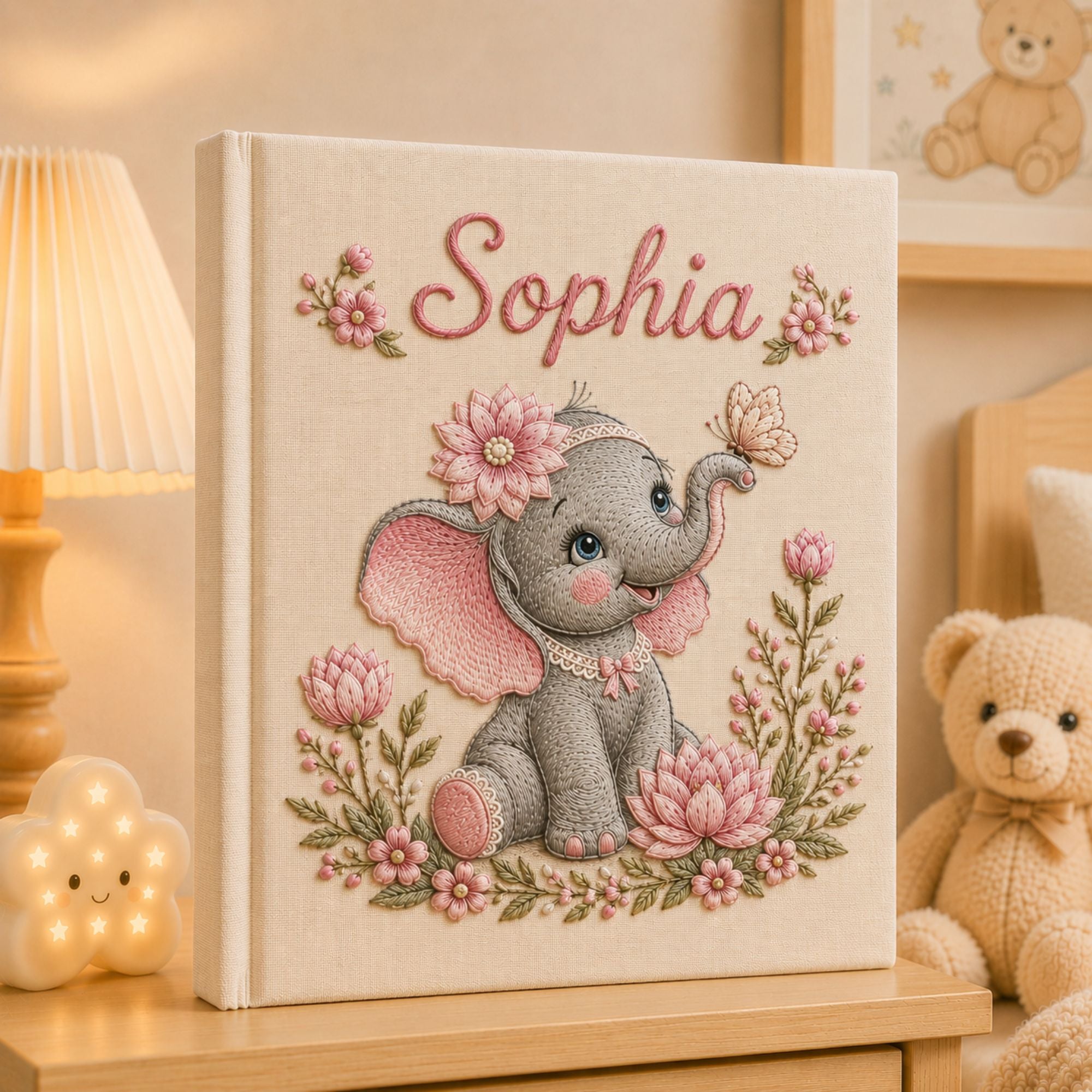 Personalized Embroidered Elephant Baby Photo Album, Custom Name Floral Nursery Keepsake Book, Elephant Nursery Album, Baby Shower Gift Girl