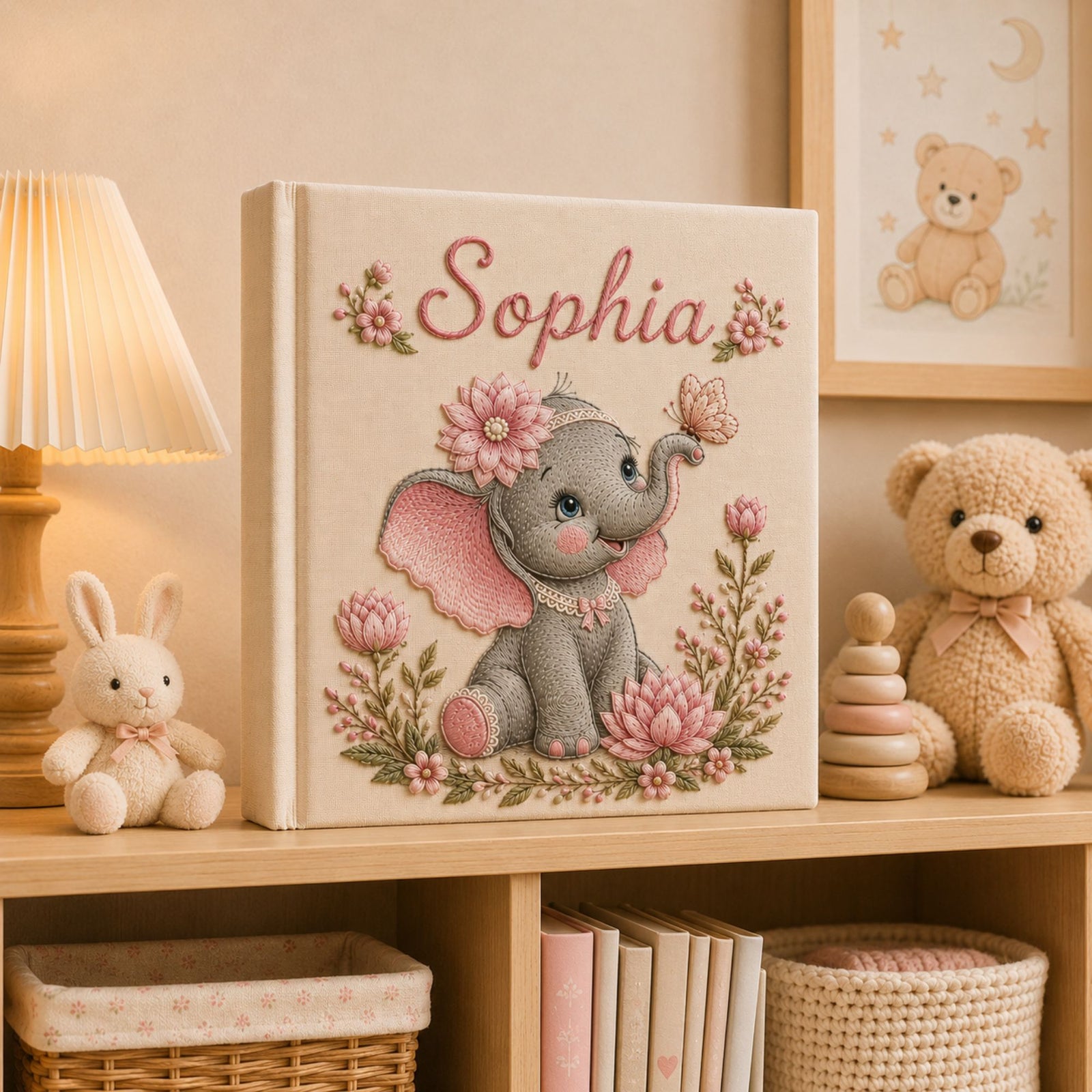Personalized Embroidered Elephant Baby Photo Album, Custom Name Floral Nursery Keepsake Book, Elephant Nursery Album, Baby Shower Gift Girl