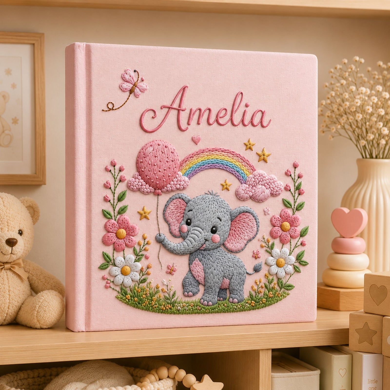 Personalized Embroidered Elephant Baby Photo Album, Custom Name Floral Nursery Keepsake Book, Elephant Nursery Album, Baby Shower Gift Girl