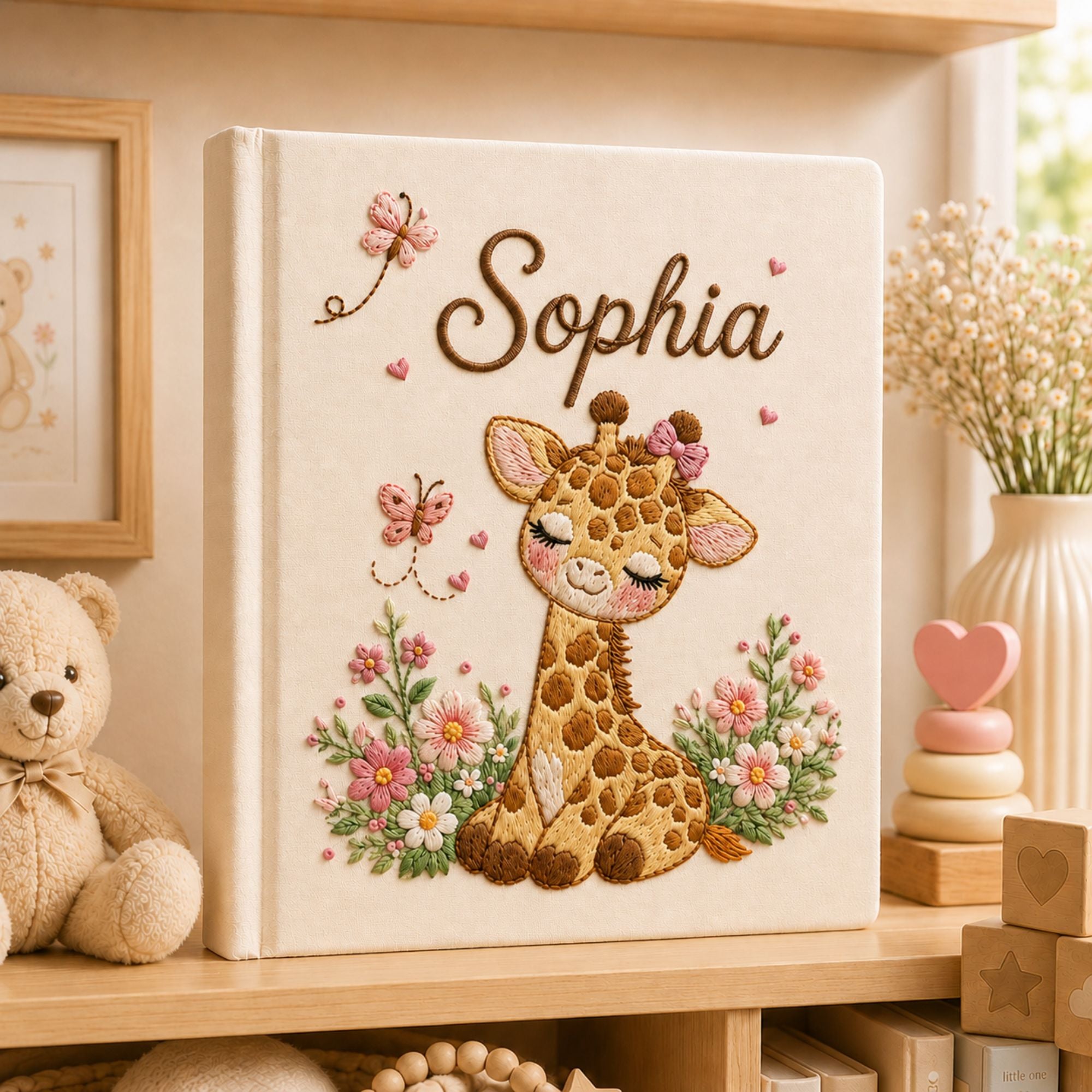Personalized Embroidered Safari Giraffe Baby Photo Album, Custom Name Floral Jungle Animal Nursery Keepsake Book Album, Baby Shower Gift Boy