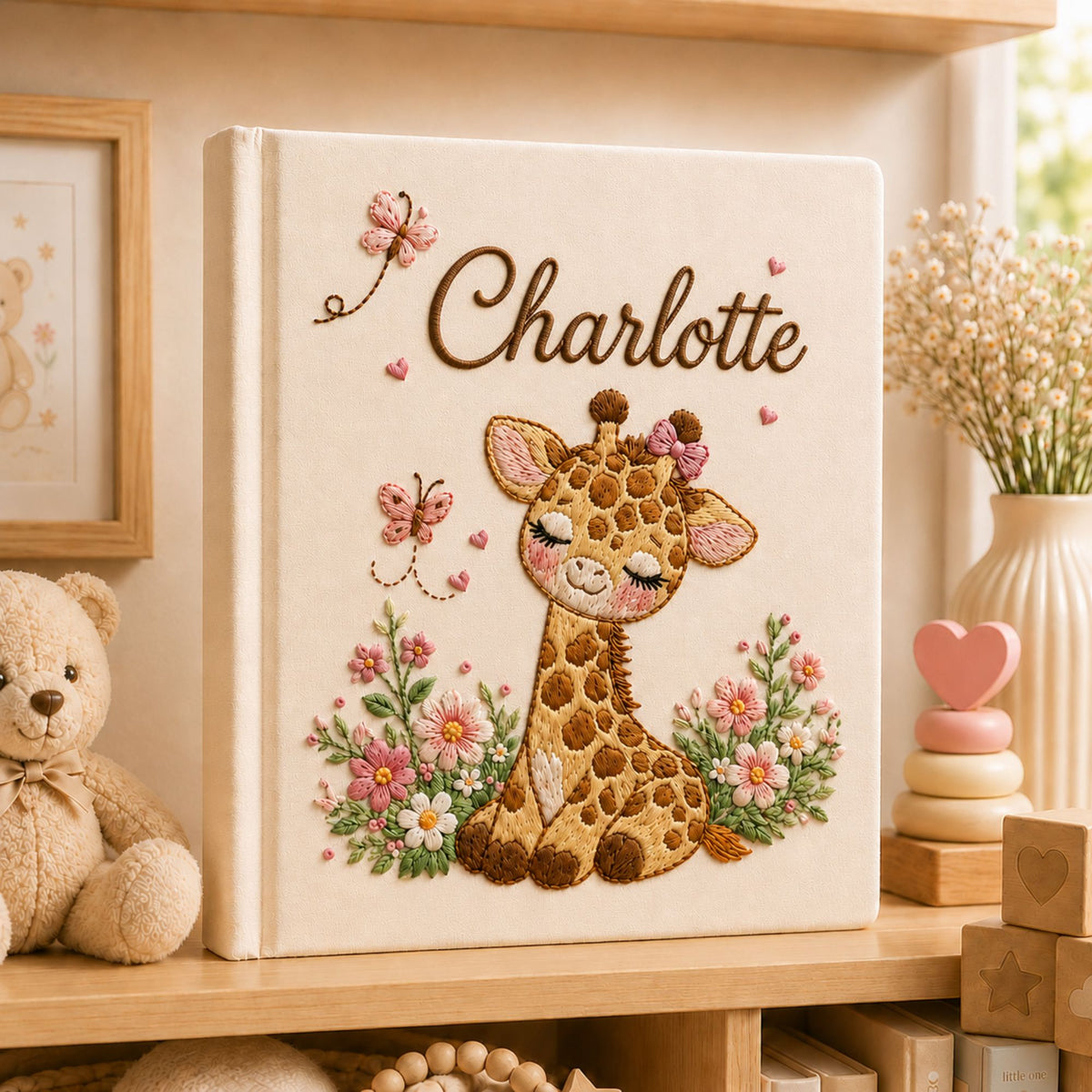 Personalized Embroidered Safari Giraffe Baby Photo Album, Custom Name Floral Jungle Animal Nursery Keepsake Book Album, Baby Shower Gift Boy