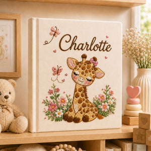 Personalized Embroidered Safari Giraffe Baby Photo Album, Custom Name Floral Jungle Animal Nursery Keepsake Book Album, Baby Shower Gift Boy