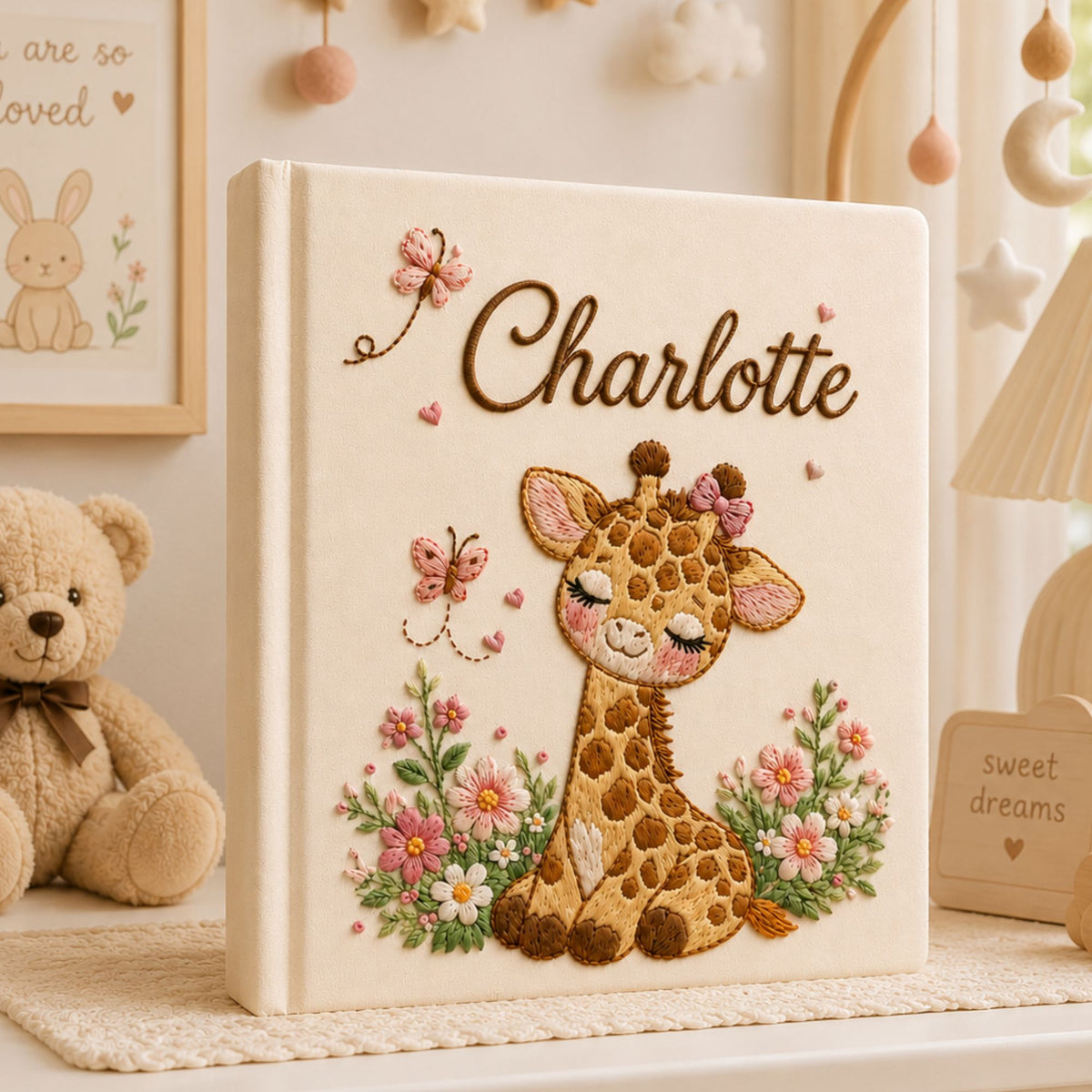Personalized Embroidered Safari Giraffe Baby Photo Album, Custom Name Floral Jungle Animal Nursery Keepsake Book Album, Baby Shower Gift Boy