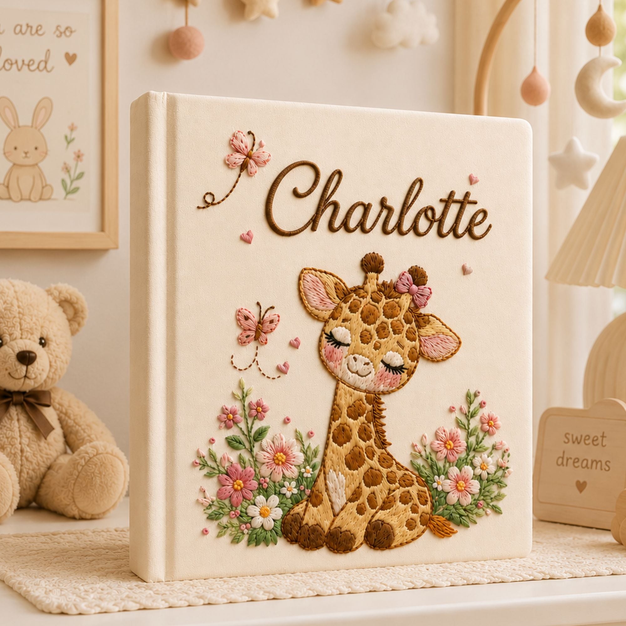 Personalized Embroidered Safari Giraffe Baby Photo Album, Custom Name Floral Jungle Animal Nursery Keepsake Book Album, Baby Shower Gift Boy