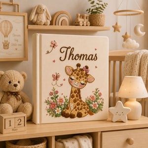 Personalized Embroidered Safari Giraffe Baby Photo Album, Custom Name Floral Jungle Animal Nursery Keepsake Book Album, Baby Shower Gift Boy