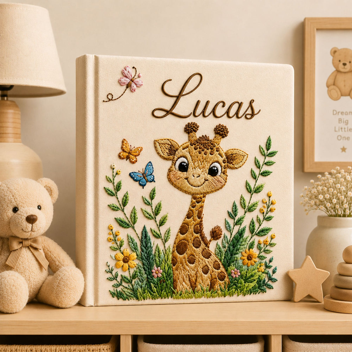 Personalized Embroidered Safari Giraffe Baby Photo Album, Custom Name Giraffe Jungle Animal Nursery Keepsake Book Album, Baby Shower Gift Boy