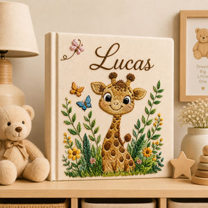 Personalized Embroidered Safari Giraffe Baby Photo Album, Custom Name Giraffe Jungle Animal Nursery Keepsake Book Album, Baby Shower Gift Boy