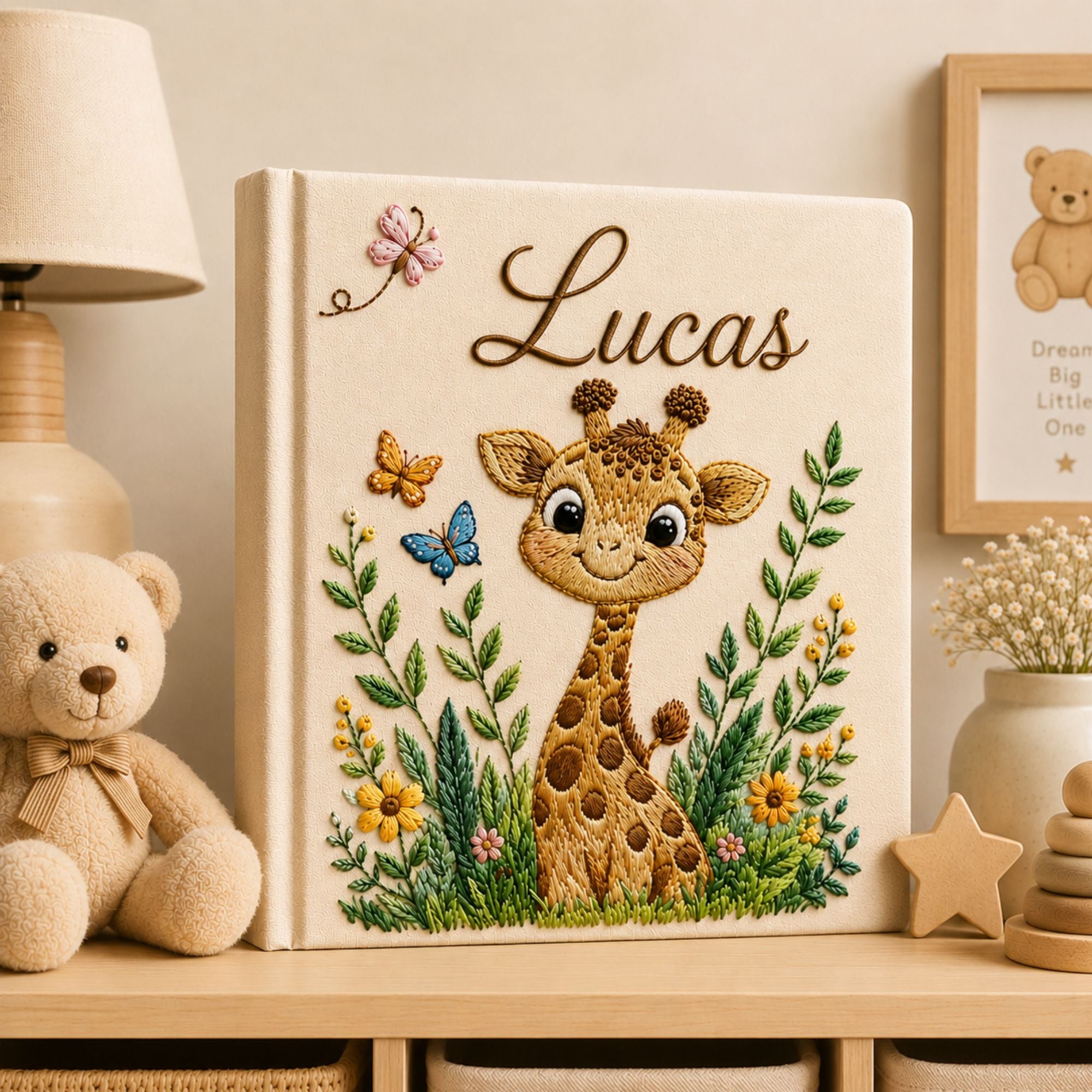 Personalized Embroidered Safari Giraffe Baby Photo Album, Custom Name Giraffe Jungle Animal Nursery Keepsake Book Album, Baby Shower Gift Boy